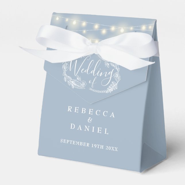 Dusty Blue String Lights Floral Wedding Favor Box (Front Side)