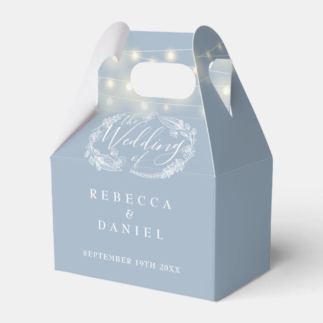Dusty Blue String Lights Floral Wedding Favor Box (Front Side)