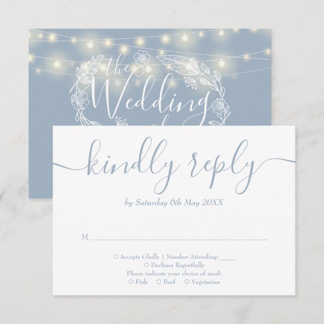 Dusty Blue String Lights Floral Wedding RSVP Card (Front/Back)