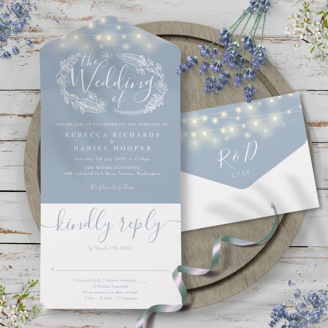 Dusty Blue String Lights Foliage Floral Wedding All In One Invitation (Dusty Blue String Lights Foliage Floral Wedding All In One Invitation)