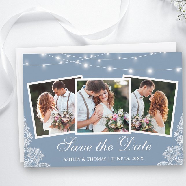 Dusty Blue String Lights Lace 3 Photo Save The Date (Customize to change text size, style or to add more text to back of card.)