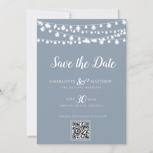 Dusty Blue  String Lights Modern Script Save the Save The Date (Front)