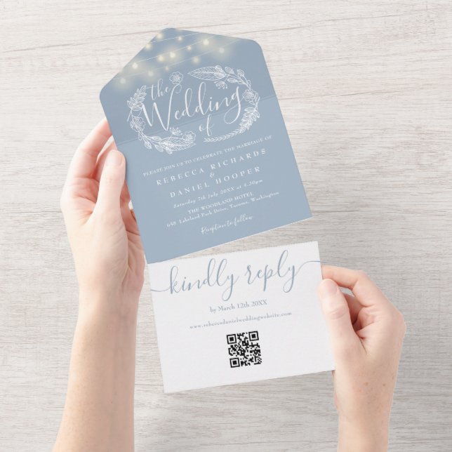 Dusty Blue String Lights QR Code Wedding All In One Invitation (Tearaway)