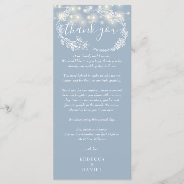 Dusty Blue String Lights Thank You Place Card (Front)