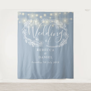 Dusty Blue String Lights Wedding Photo Backdrop Tapestry