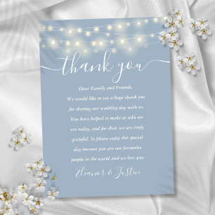 Dusty Blue String Lights Wedding Thank You Place  Card
