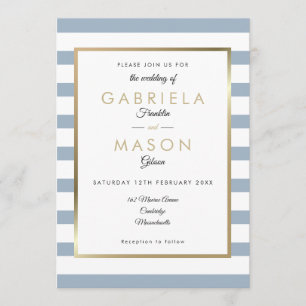 Dusty Blue Stripe Wedding Faux Gold Foil Invitation