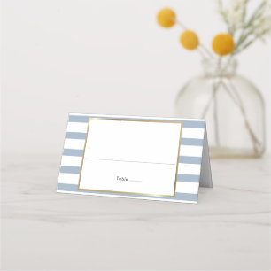 Dusty Blue Stripe Wedding   Faux Gold Foil  Place Card