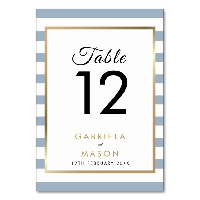 Dusty Blue Stripe Wedding  | Faux Gold Foil Table Number (Front)