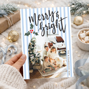 Dusty Blue Striped Merry & Bright Christmas Photo Holiday Card