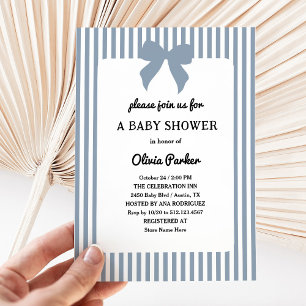 Dusty Blue Stripes and Trendy Bow Baby Shower Invitation