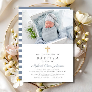 Dusty Blue Stripes Cross Photo Boy Baptism Invitation