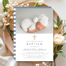 Dusty Blue Stripes Cross Photo Boy Baptism Invitation