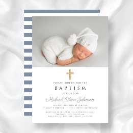 Dusty Blue Stripes Cross Photo Boy Baptism Invitation