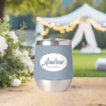 Dusty Blue Stylized Name Wedding Groomsman<br><div class="desc">Gift your wedding groomsman with this trendy and personalized,  stainless steel wine tumbler with his name in stylized script inside a white,  oval design. Background colour and script is dusty blue. Personalize your wine tumbler by editing and replacing name with desired name. Available in many,  popular wedding colour schemes.</div>
