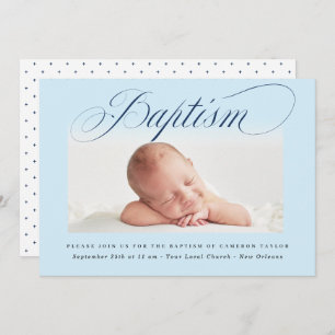 Dusty Blue Subtle Cross Script Baptism Photo Boy Invitation