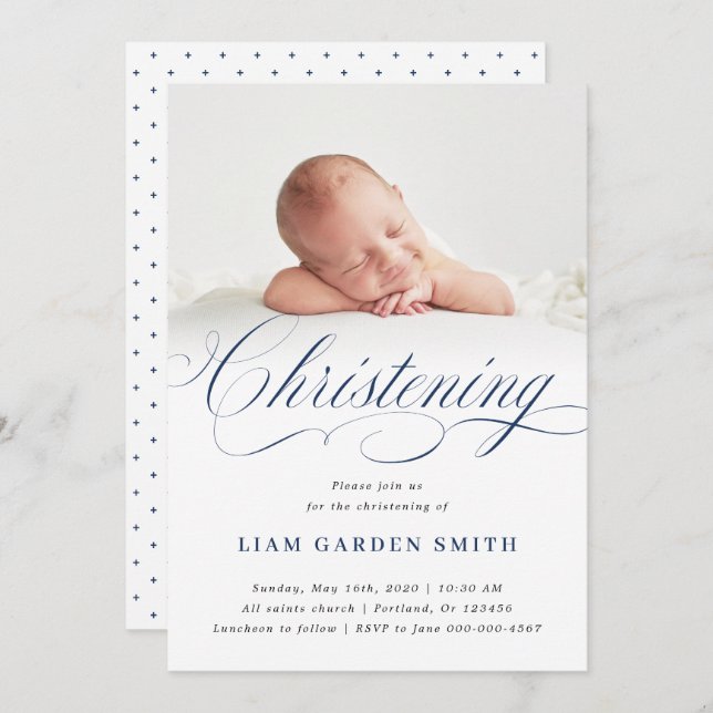Dusty Blue Subtle Cross Script Christening Boy Invitation (Front/Back)