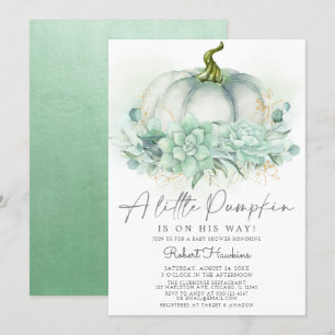 Dusty Blue Succulents Pumpkin Fall Baby Shower Invitation