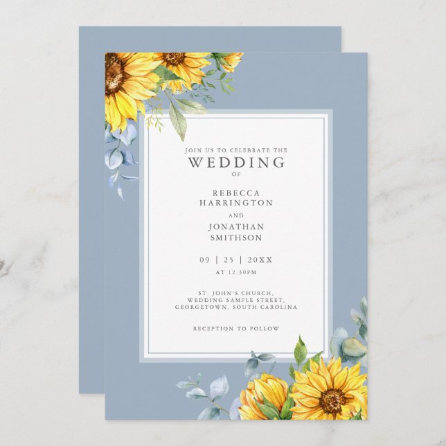 Dusty Blue Sunflower Wedding Invitation (Front/Back)