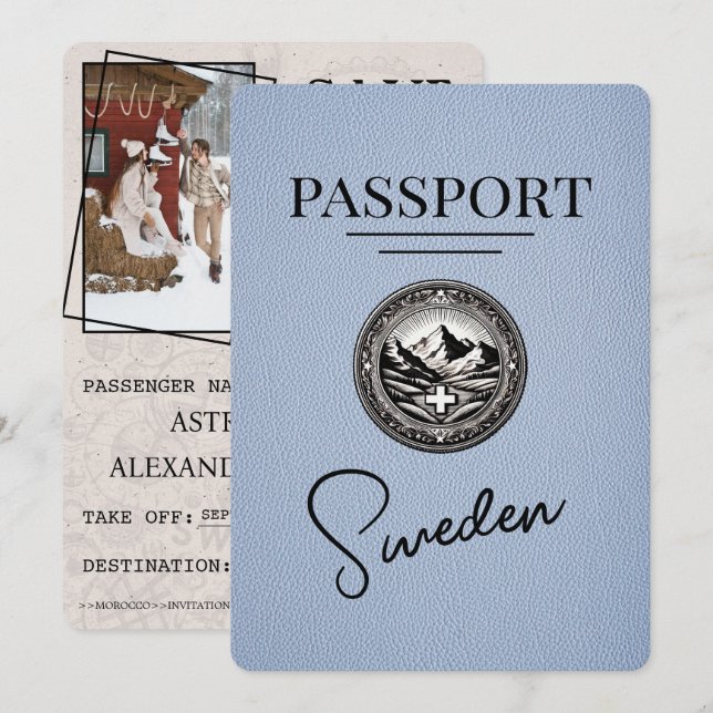 Dusty Blue Sweden Passport Save The Date (Front/Back)
