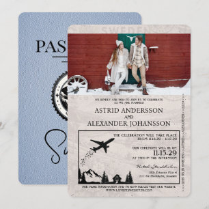Dusty Blue Sweden Passport Wedding Invitation