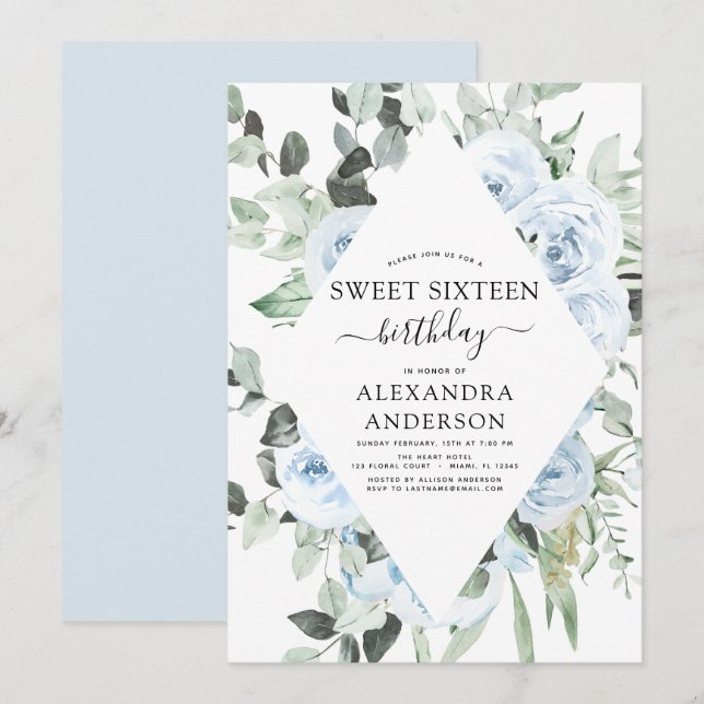 Dusty Blue Sweet Sixteen Birthday Party Invitation (Front/Back)