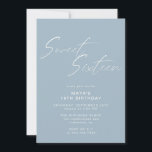 Dusty Blue Sweet Sixteen Simple Chic 16th Birthday Invitation<br><div class="desc">Pretty and simplistic 16th birthday invitations with heading "Sweet Sixteen" text in white script font on an airy pale blue background. The reverse side features a pattern of the word "sixteen" in coordinating script. The reverse side pattern, as well as the background colour, can be changed by using the design...</div>