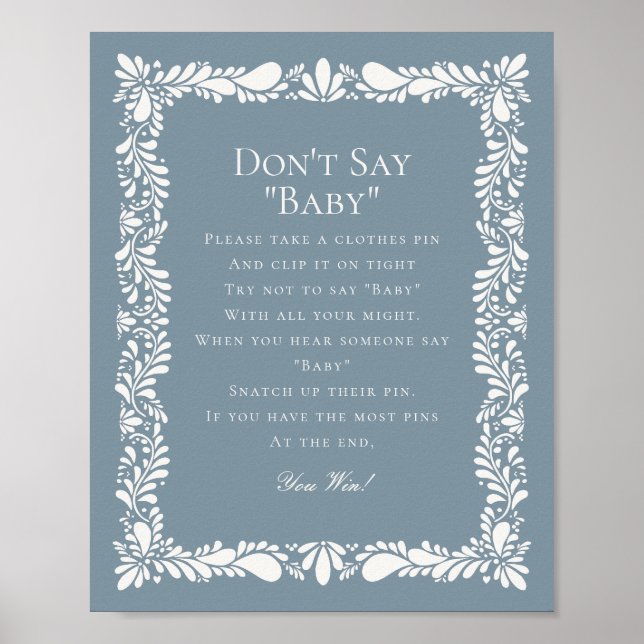 Dusty Blue Talavera Tile Dont Say Baby Shower Game Poster (Front)