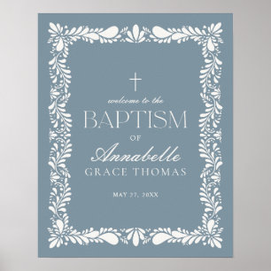 Dusty Blue Talavera Tile Fiesta Baptism Welcome Poster