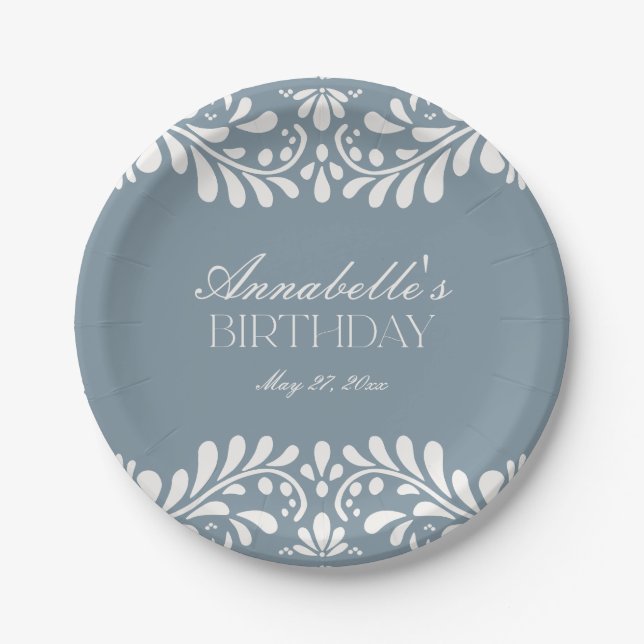 Dusty Blue Talavera Tile Fiesta Birthday Paper Plate (Front)