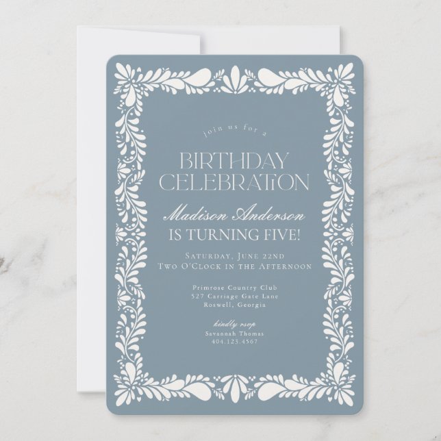 Dusty Blue Talavera Tile Fiesta Boy Birthday Party Invitation (Front)