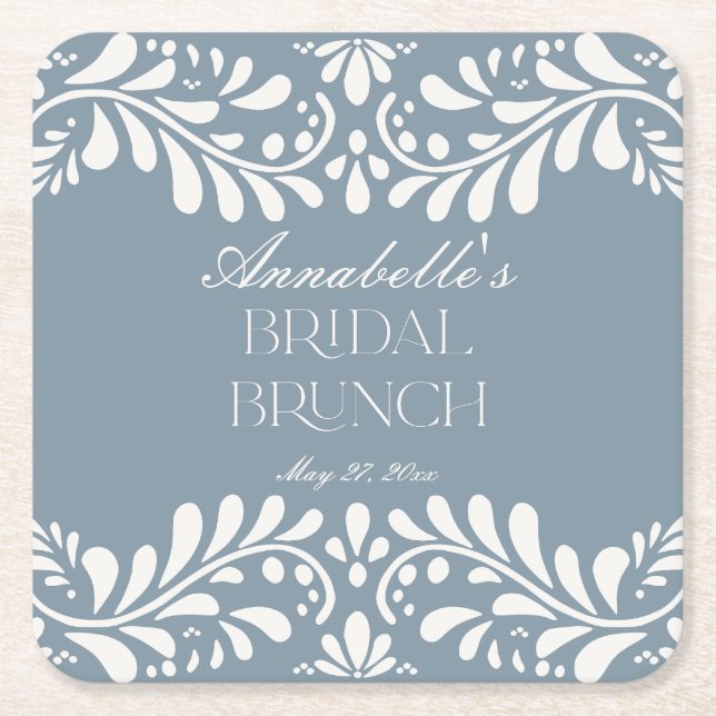 Dusty Blue Talavera Tile Fiesta Bridal Brunch Square Paper Coaster (Front)