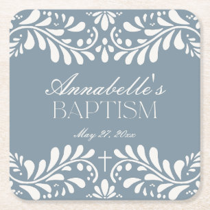 Dusty Blue Talavera Tile Spanish Fiesta Baptism Square Paper Coaster