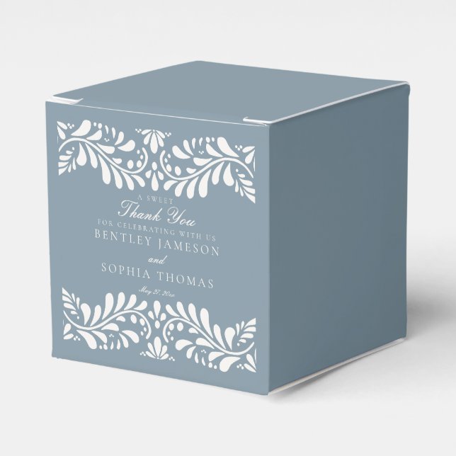 Dusty Blue Talavera Tile Style Fiesta Wedding Favor Box (Front Side)