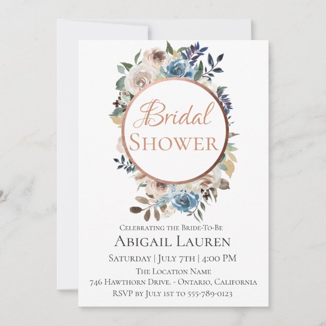 Dusty Blue Taupe Floral Bridal Shower Invitation (Front)