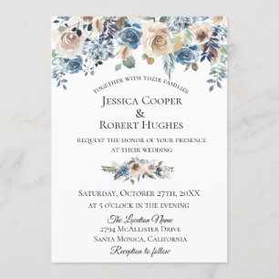 Dusty Blue Taupe Floral Wedding Invitation