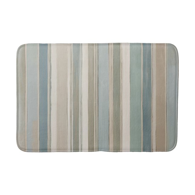 Dusty Blue Teal Sage Beige Stripe Bath Mat (Front)