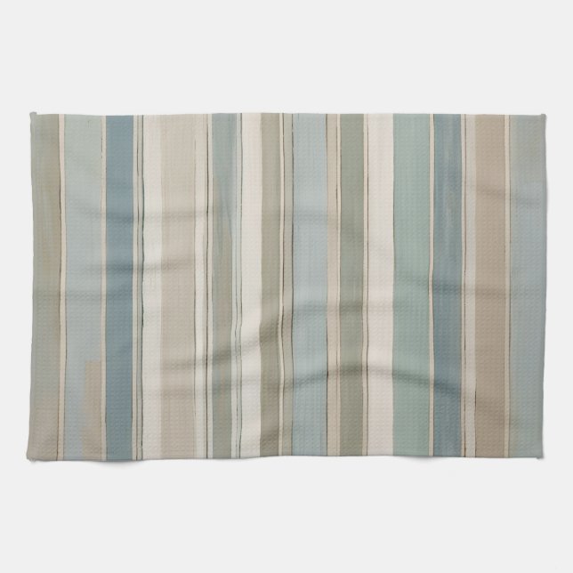 Dusty Blue Teal Sage Beige Stripe Kitchen Towel (Horizontal)