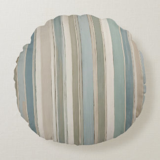 Dusty Blue Teal Sage Beige Stripe Round Pillow