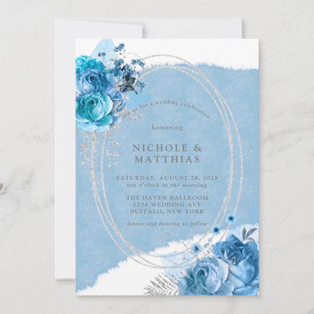 Dusty Blue Teal Silver Peony Wedding Invitation (Front)