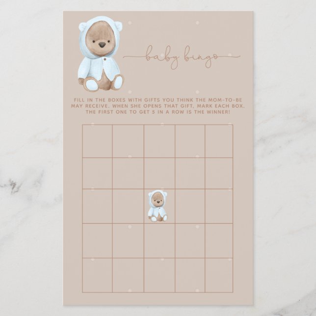 Dusty Blue Teddy Bear Baby Shower Bingo Game Flyer (Front)