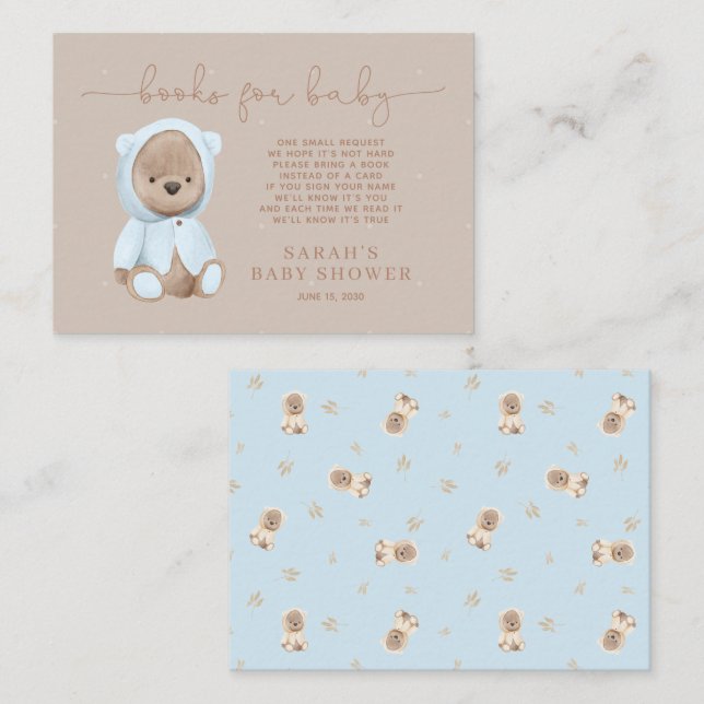 Dusty Blue Teddy Bear Baby Shower Book Request Enclosure Card (Front/Back)