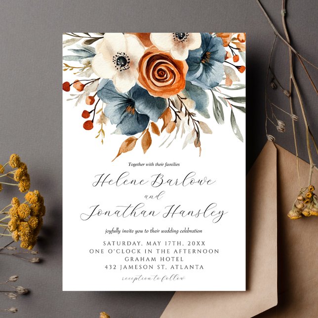 Dusty Blue Terracotta Boho Floral Elegant Wedding Invitation (Dusty Blue Terracotta Boho Floral Elegant Wedding Invitation)