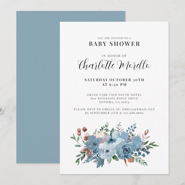 Dusty Blue Terracotta Floral Baby Shower Invitation (Front/Back)