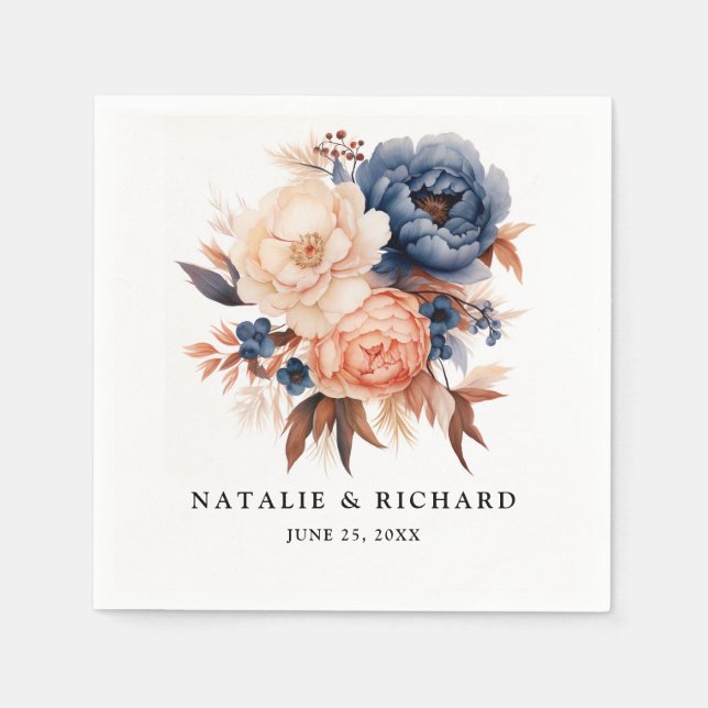 Dusty blue & Terracotta floral watercolor wedding Napkin (Front)