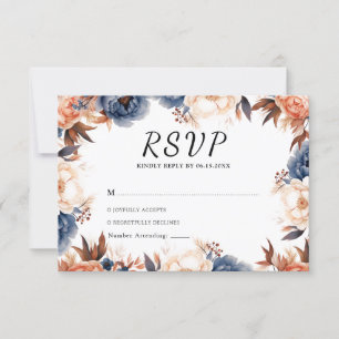 Dusty blue & Terracotta floral watercolor wedding RSVP Card