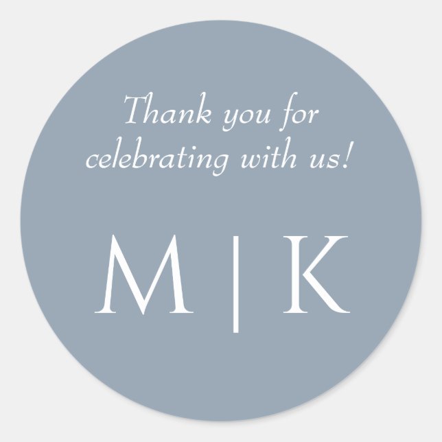 Dusty Blue Thank You Monograms Minimal Wedding Classic Round Sticker (Front)