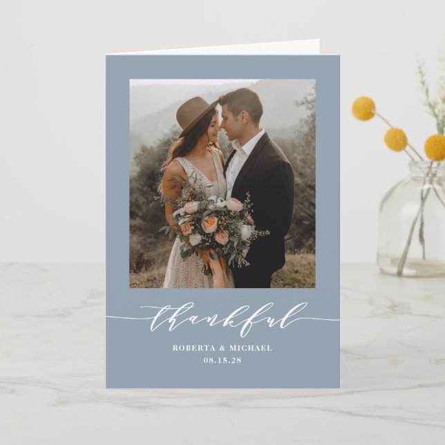 Dusty Blue Thankful Script Wedding Folded Thank You Card (Front)