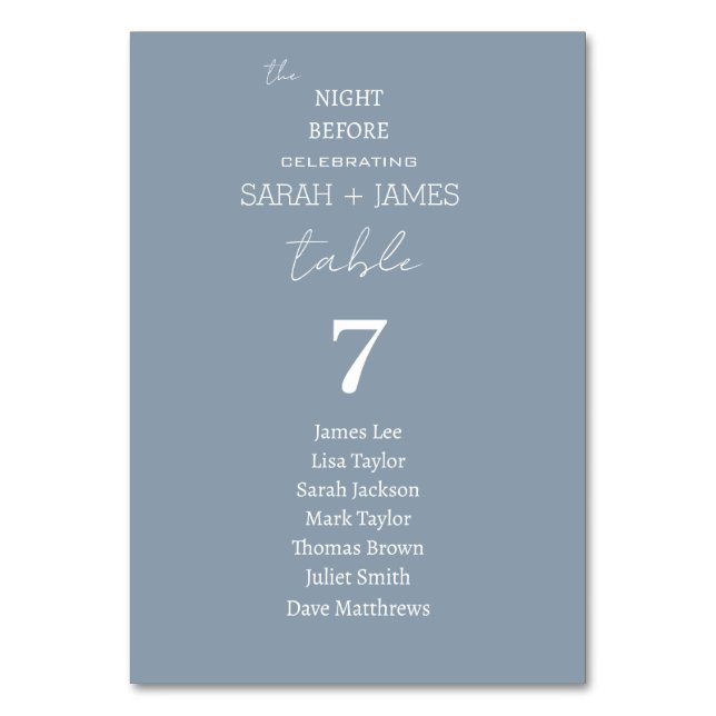 Dusty Blue the Night Before Wedding Seating Chart Table Number (Front)