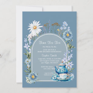Dusty Blue Time For Tea Baby Shower Invitation